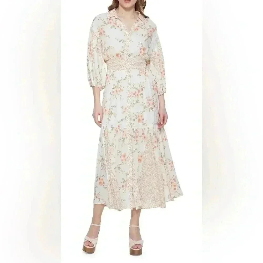 NWT Dex orange cream smock waist floral mid sleeve dress XS